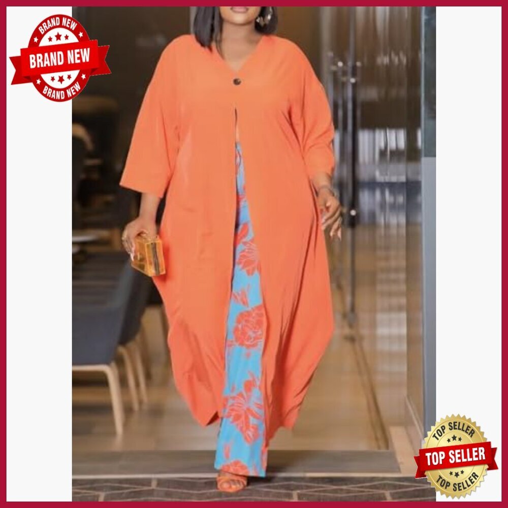 Plus Size Floral Print 2-Piece Set Long Cardigan Wide Leg Pants - Picture 2 of 5